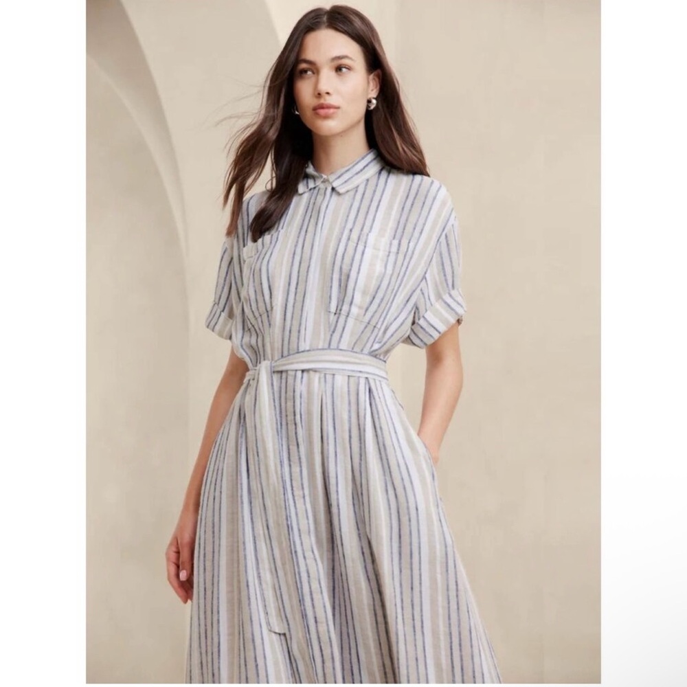 Banana Republic PLEATED LINEN-BLEND MIDI SHIRTDRESS